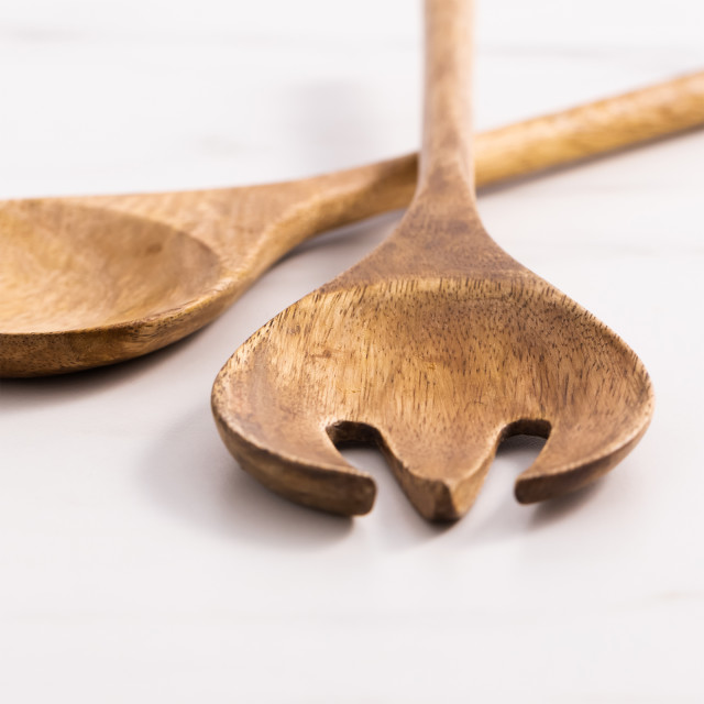 Salisbury & Co Grove Salad Servers, Set of 2 detail on the kitchen counter