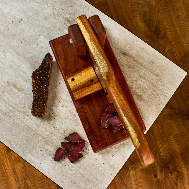 Biltong cutter on table with biltong top view