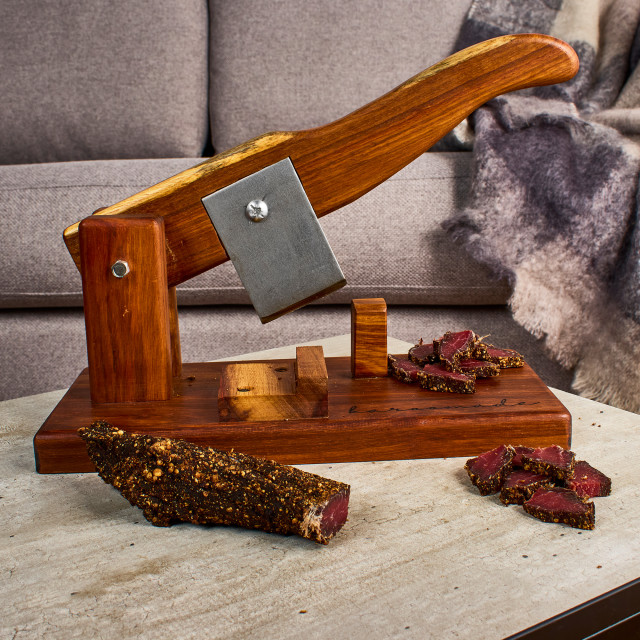 Biltong cutter on table with biltong
