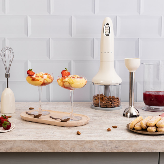 Smeg Retro Hand Blender 4-Piece, 700W - Vintage Cream on the kitchen counter