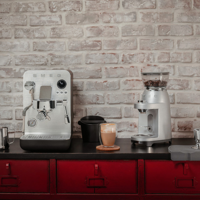 Smeg Aluminium Coffee Grinder with an Espresso machine