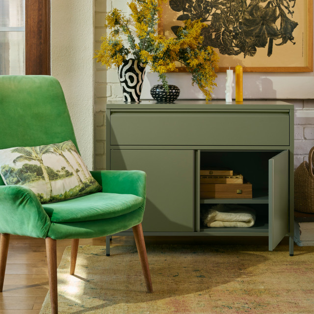 Popstrukt Bon Bon Buddy Sideboard - Moss Grey with vases and candles