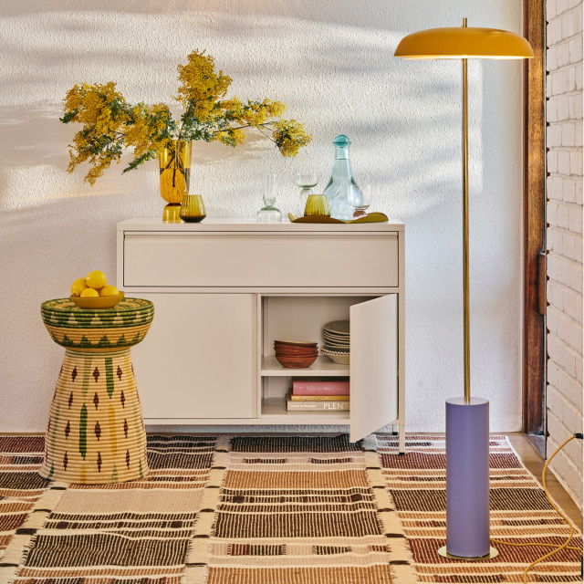 Popstrukt Bon Bon Buddy Sideboard - Soft White with a jar of water and glasses