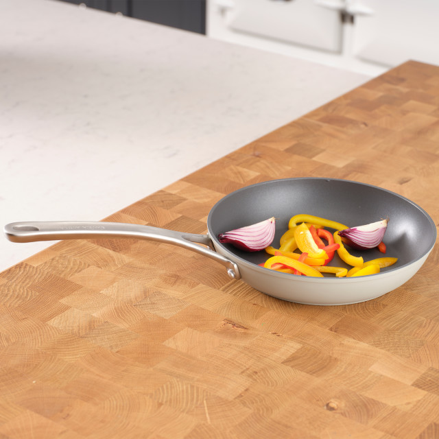 Laura Ashley Non-Stick Frying Pan, 28cm - Dark Dove Grey on the table