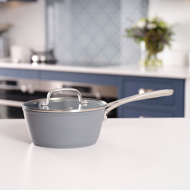 Laura Ashley Non-Stick Saucepan with Glass Lid, 16cm - Dark Slate on the countertop