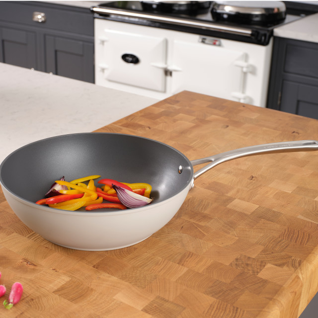 Laura Ashley Non-Stick Wok, 30cm - Dark Dove Grey on the countertop