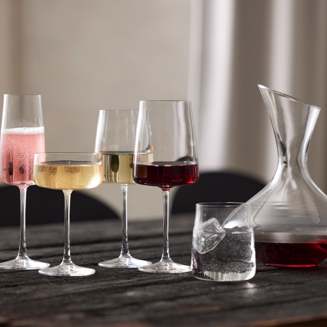 Lyngby Glas Krystal Zero Water Glasses, Set of 6 with other glasses on the table