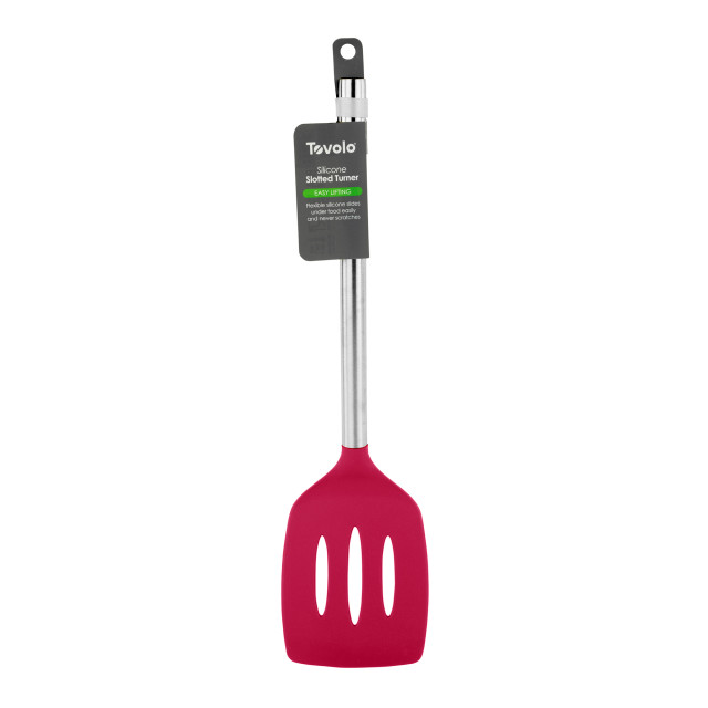 Tovolo Silicone Slotted Turner with Stainless Steel Handle - Viva Magenta packaging