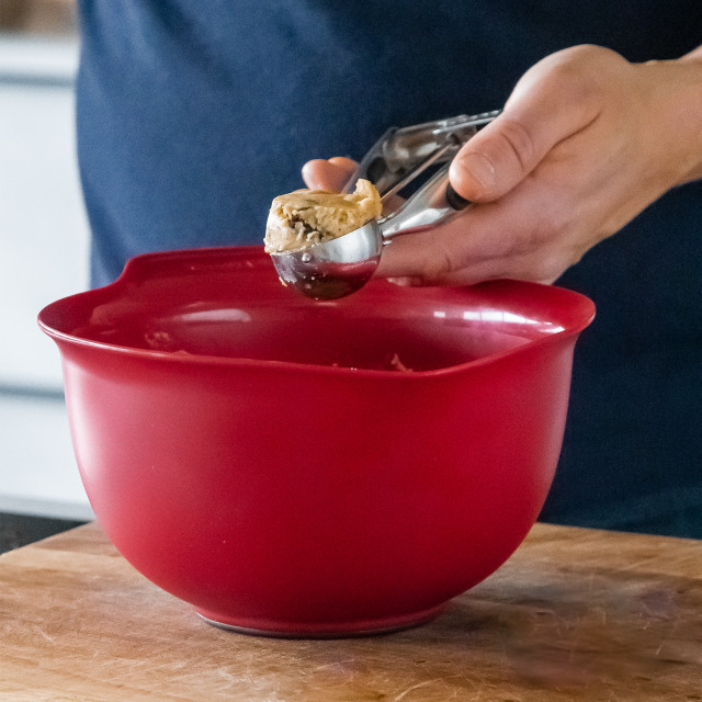 KitchenAid Universal Mixing Bowls, Set of 3 - Empire Red with dough