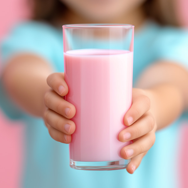 NOMU Reduced Sugar Pink Milk, 250g in a glass