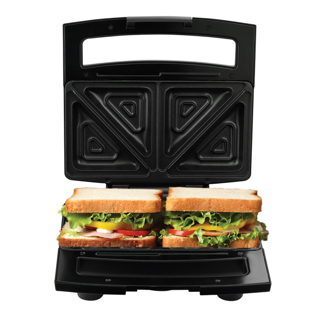 Swan Deep 2-Slice Snackwich Maker angle with a sandwich