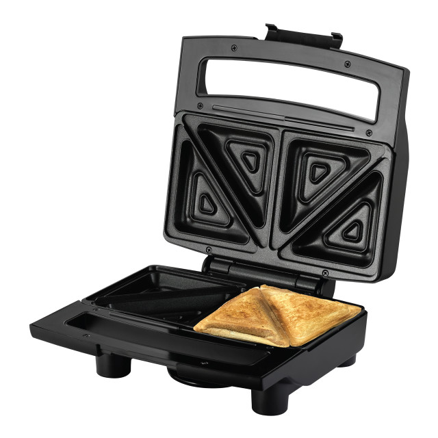 Swan Deep 2-Slice Snackwich Maker angle with a sandwich