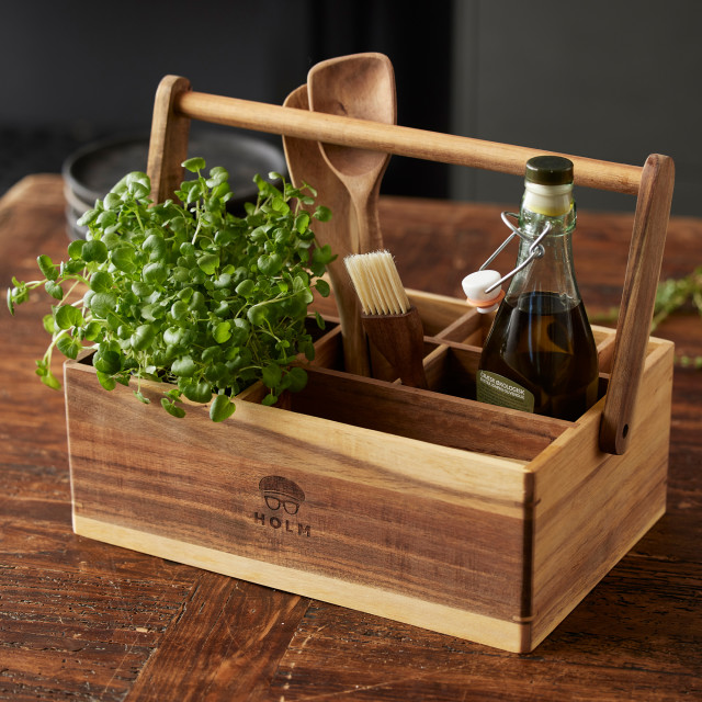 HOLM Acacia Wood Utility Caddy with utensils and an oil bottle