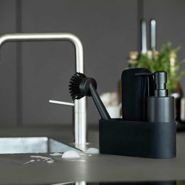 Zone Denmark Singles Dishwashing Set with Cloth - Black next to the sink