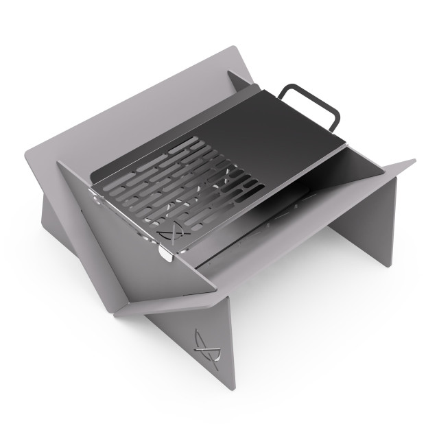 Pretzel Fire Pit with Carrier Bag and Grill-Skillet - Silver & Stainless Steel