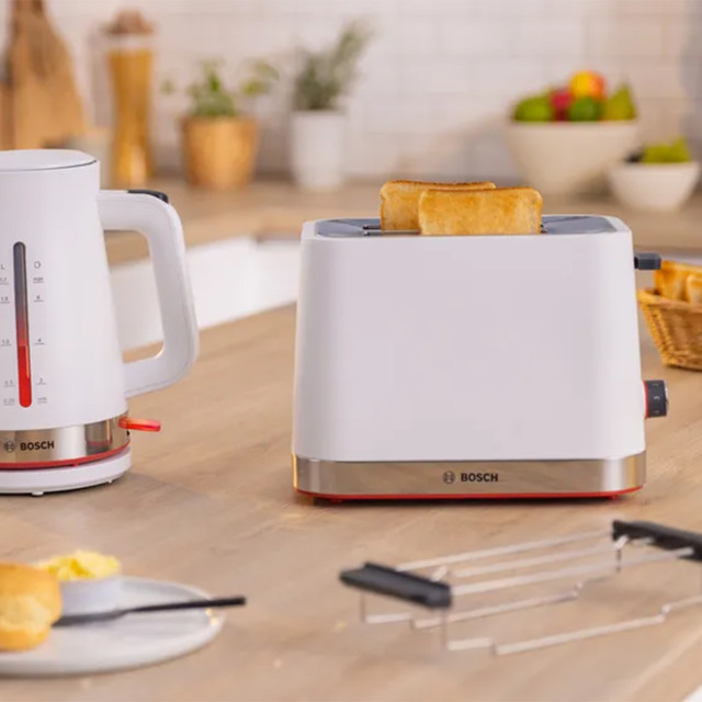 Bosch MyMoment 2-Slice Compact Toaster, 950W - White on the table 