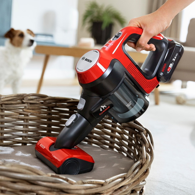 Bosch ProAnimal Rechargeable Cordless Vacuum Cleaner on a dog bed