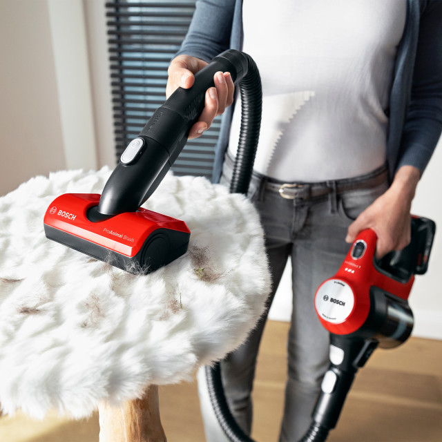 Bosch ProAnimal Rechargeable Cordless Vacuum Cleaner on a cat scratch post