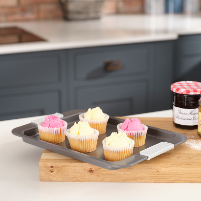 Laura Ashley Non-Stick Carbon Steel Oven Tray - 38cm with cupcakes