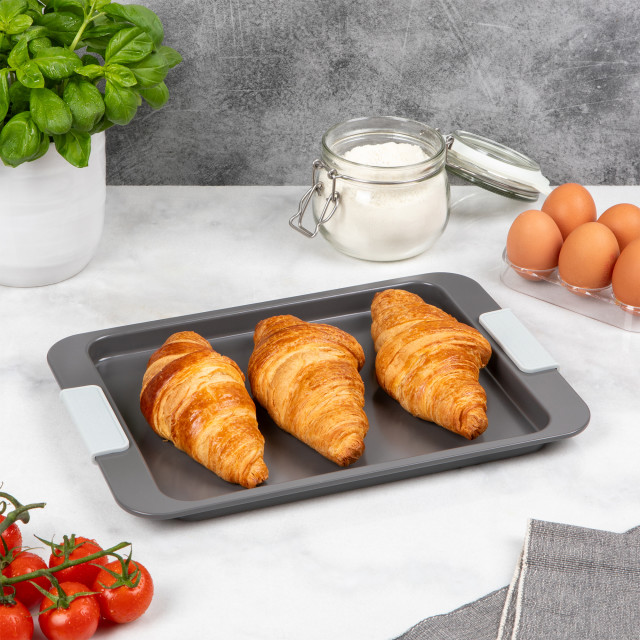 Laura Ashley Non-Stick Carbon Steel Baking Tray, 33cm with croissants