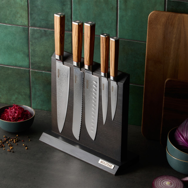 Wolstead Satoru Damascus Knife Block Set, 6-Piece on the kitchen counter