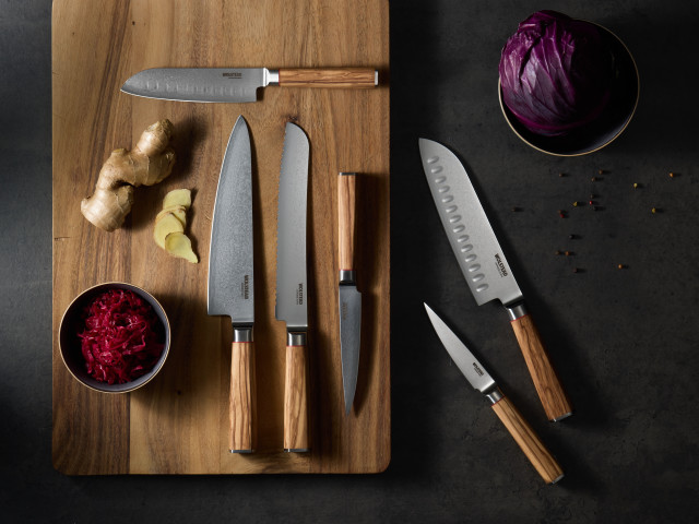 Wolstead Satoru Damascus Santoku Knife - 14cm with other knives