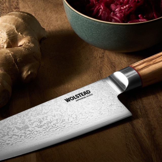 Wolstead Satoru Damascus Chef's Knife, 20cm on the table