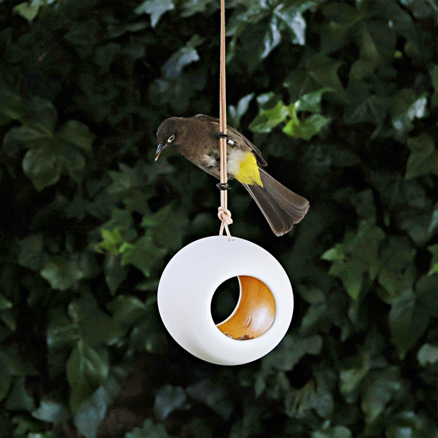 Bird Feeders By Steff Ceramic Bird Feeder - Golden Wheat in tree with bird