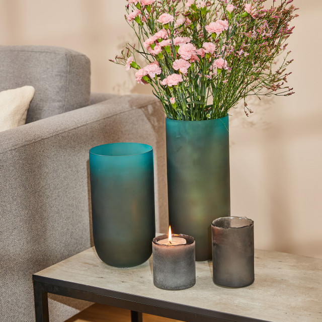 Thread Office Grey Frosted Raw Edge Candle Holder on side table with vases