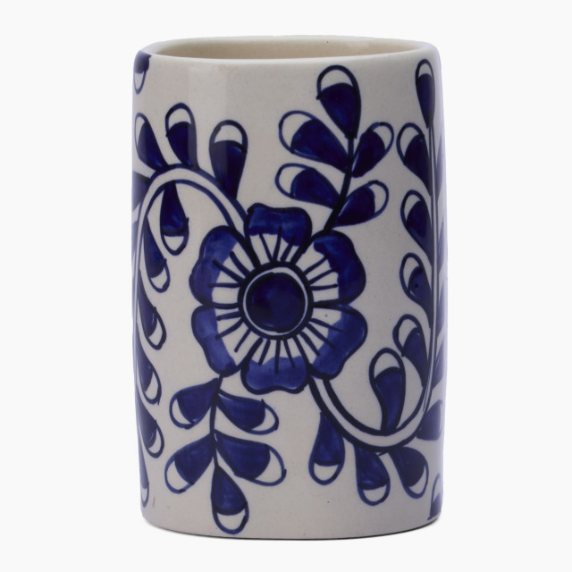 Thread Office Blue Floral Ceramic Toothbrush Holder Front View 