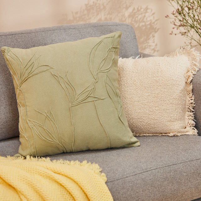 Thread Office Sage Floral Embroidery Stonewash Scatter Cushion with Feather Blend Inner, 50cm x 50cm on couch with other scatter and throw