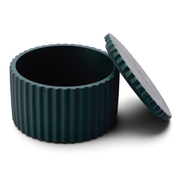 Alkaline Round Ribbed Storage Container with Lid - Bottle Green 45 Degree Angle