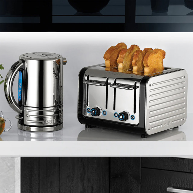Dualit Architect 4-Slice Toaster, 2250W - Black with bread on the kitchen counter