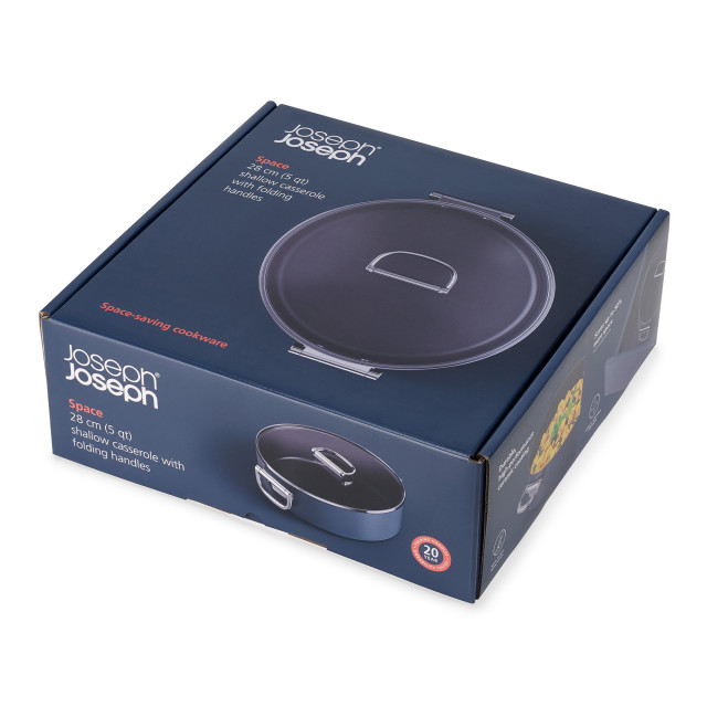 Joseph Joseph Space Ceramic Non-Stick Shallow Casserole Pan with Glass Lid and Folding Handle, 28cm packaging
