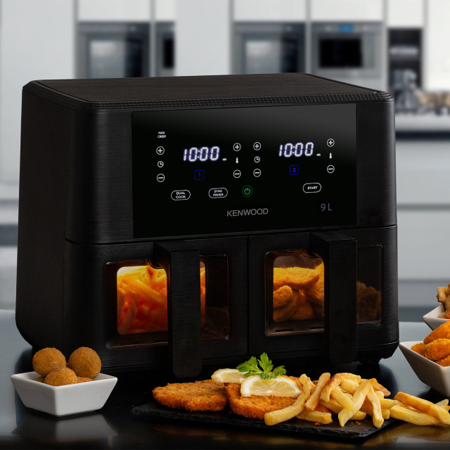 Kenwood Dual Basket Airfryer with Clearcook Window, 9L on the kitchen counter