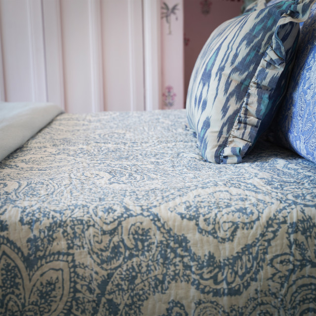 India Ink Blue Prince Paisley Kantha Stitched Throw - Double on the bed