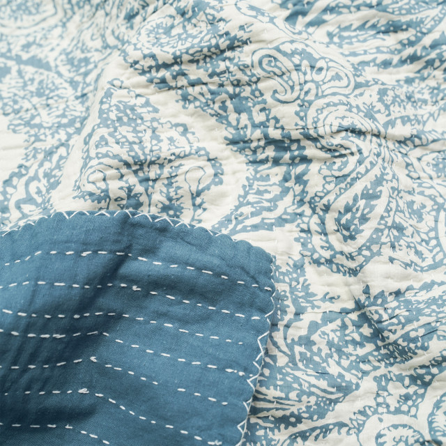 India Ink Blue Prince Paisley Kantha Stitched Throw - Double detail