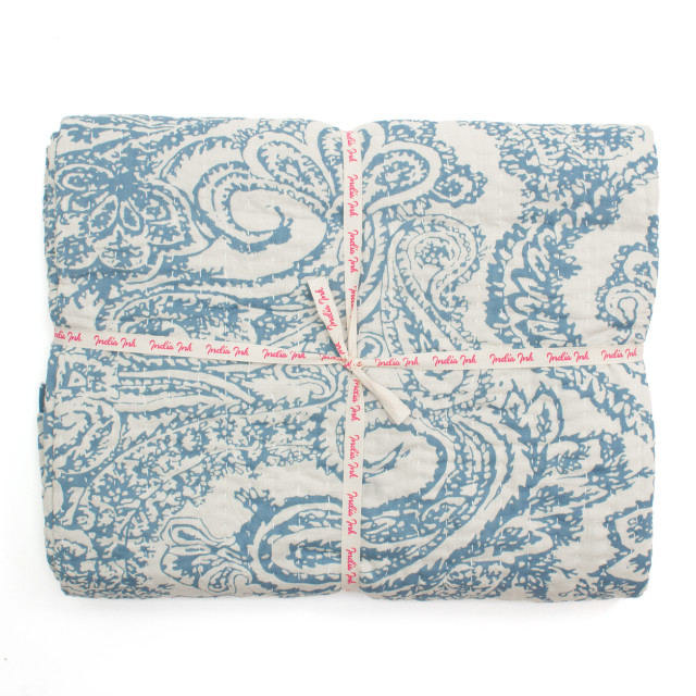 India Ink Blue Prince Paisley Kantha Stitched Throw - Double