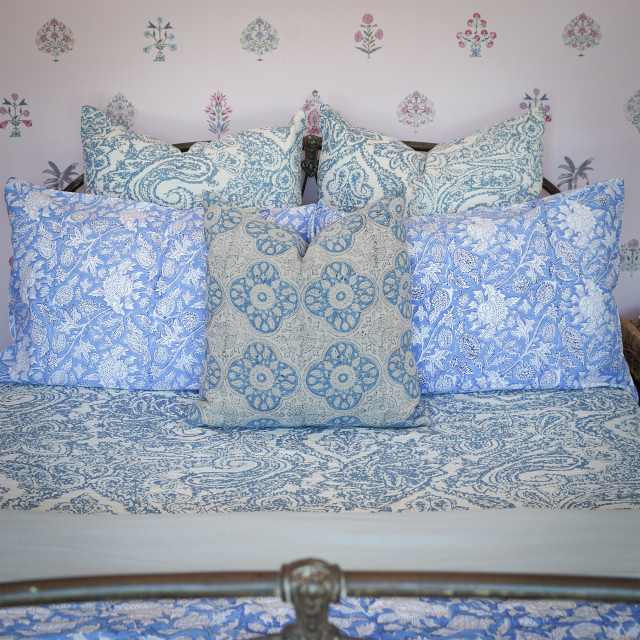 India Ink Blue Prince Paisley Kantha Stitched Throw - Double on the bed