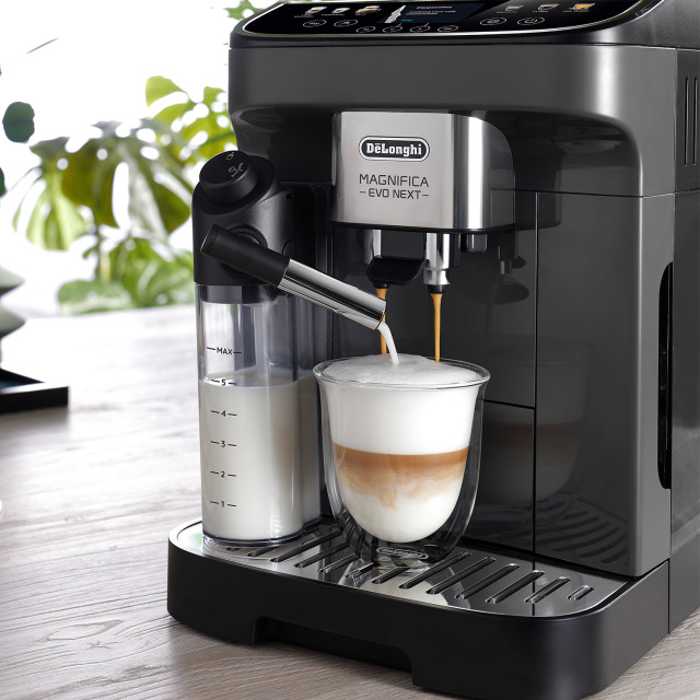 DeLonghi Magnifica Evo Next Bean to Cup Coffee Machine on the kitchen counter