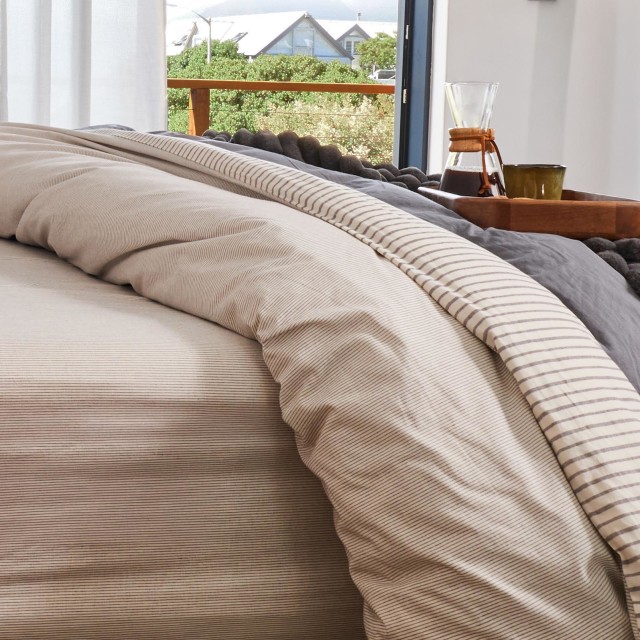 Thread Office Grey Yarn Dye Reversible Stripe Duvet Cover Set - Double