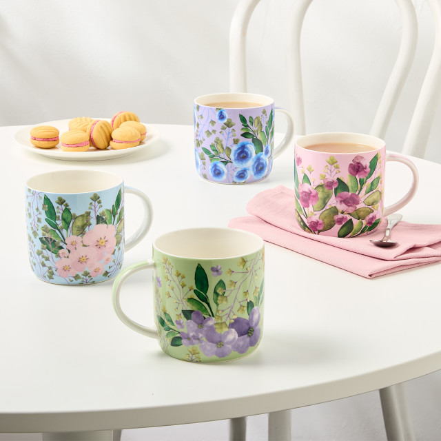 Maxwell & Williams Bouquet Mug, 480ml - Blue on the table with other mugs