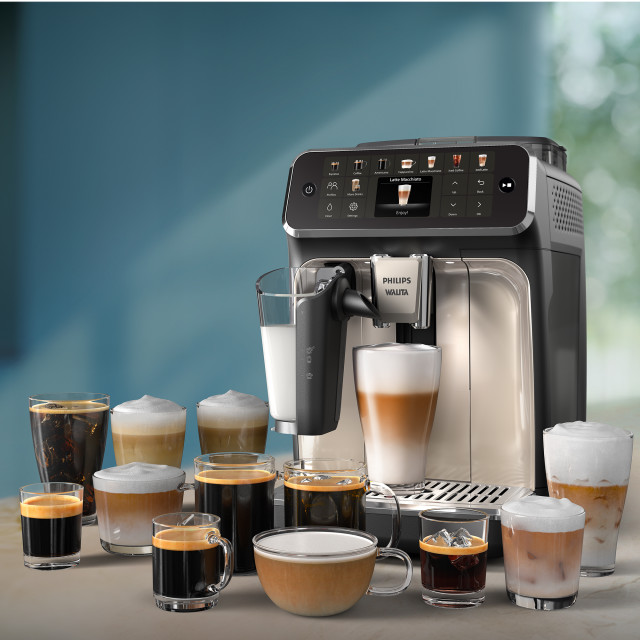 Philips 5500 Series Fully Automatic Bean-to-Cup Espresso Machine with different cups of coffee