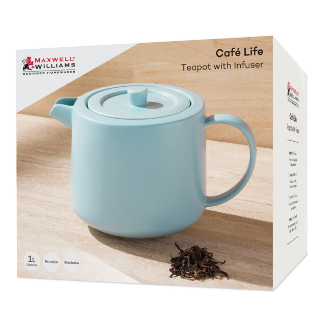 Maxwell & Williams Cafe Life Teapot with Infuser, 1L - Blue packaging
