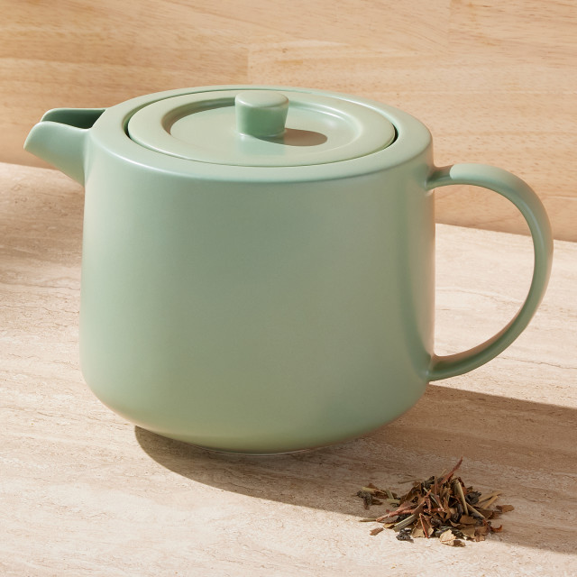 Maxwell & Williams Cafe Life Teapot with Infuser, 1L - Teal on the table