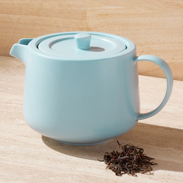 Maxwell & Williams Cafe Life Teapot with Infuser, 500ml - Blue on the table
