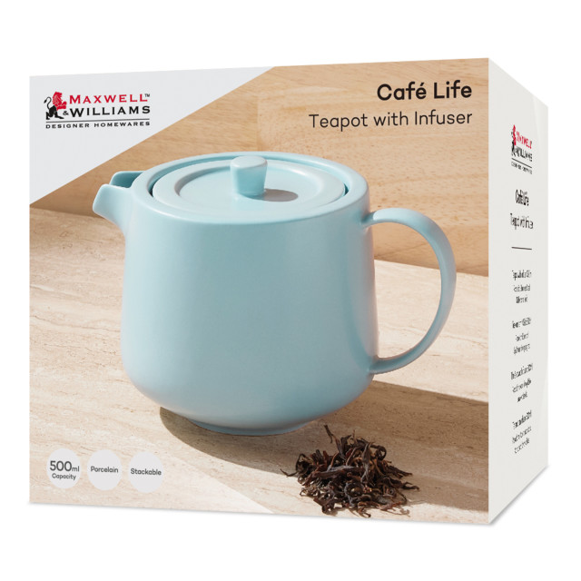 Maxwell & Williams Cafe Life Teapot with Infuser, 500ml - Blue packaging