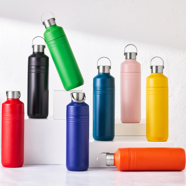Le Creuset On The Go Vacuum-Insulated Stainless Steel Bottle, 1L - All colours on the table