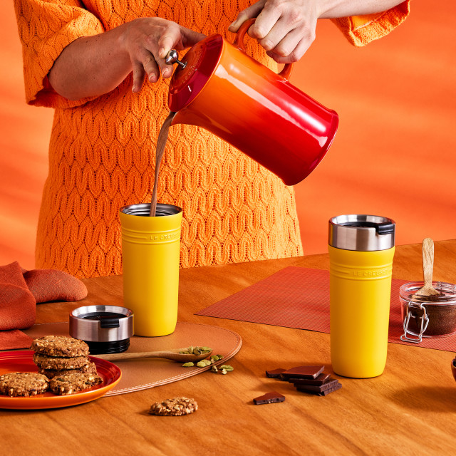 Le Creuset On The Go Vacuum-Insulated Stainless Steel Travel Mug, 350ml - Nectar with coffee