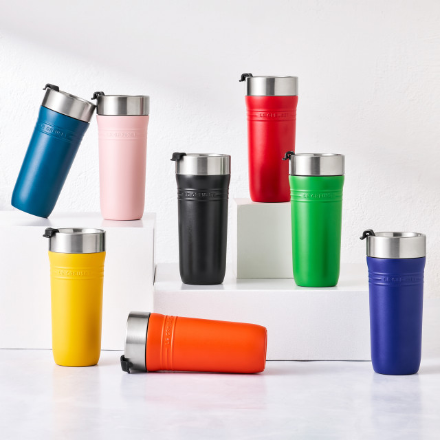 Le Creuset On The Go Vacuum-Insulated Stainless Steel Travel Mug, 350ml - All colours on the table